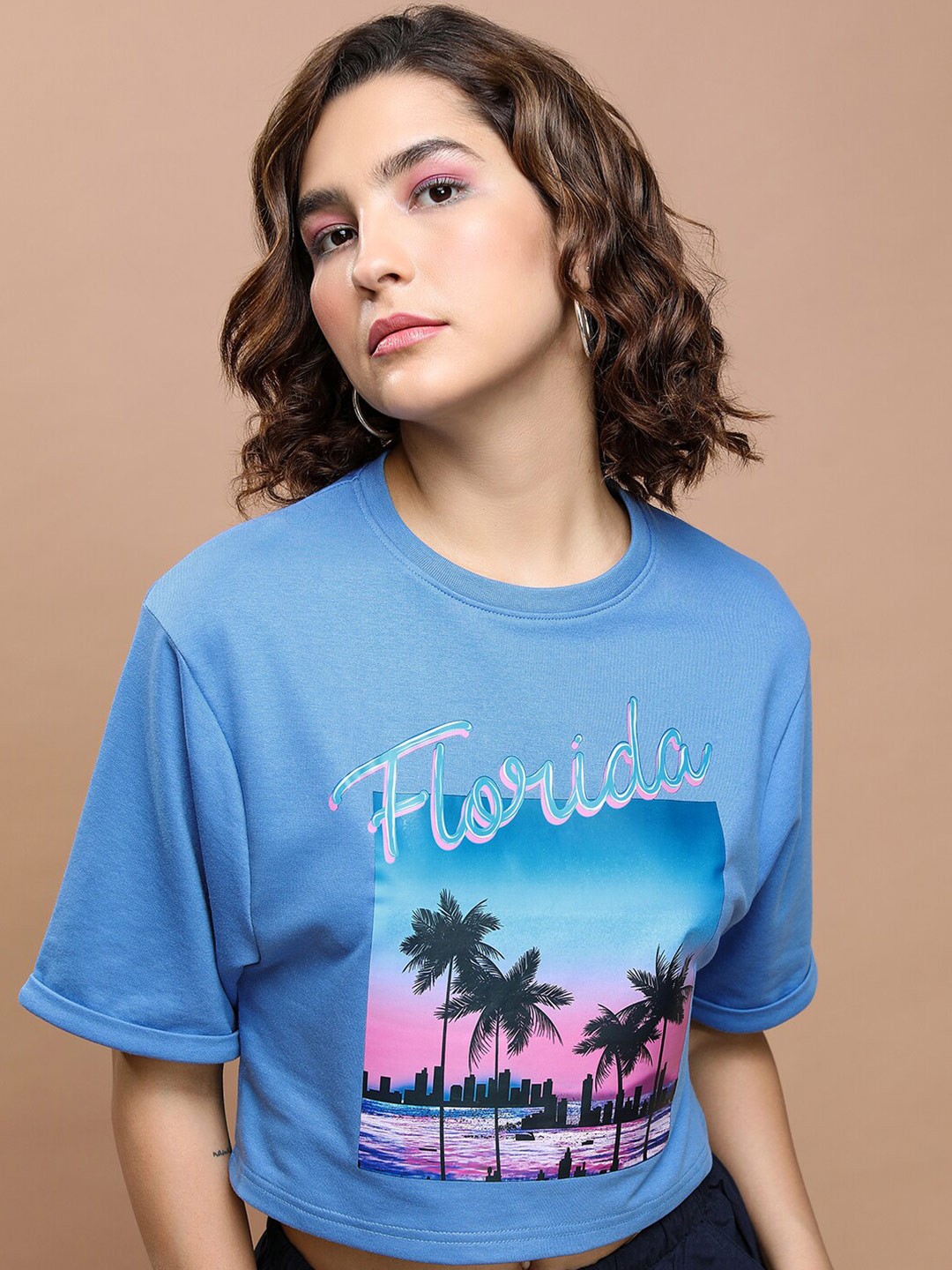 

Tokyo Talkies Blue Printed Oversized Crop T-shirt