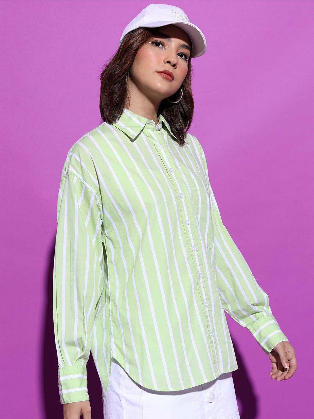 

Tokyo Talkies Striped Oversized Cotton Casual Shirt, Lime green