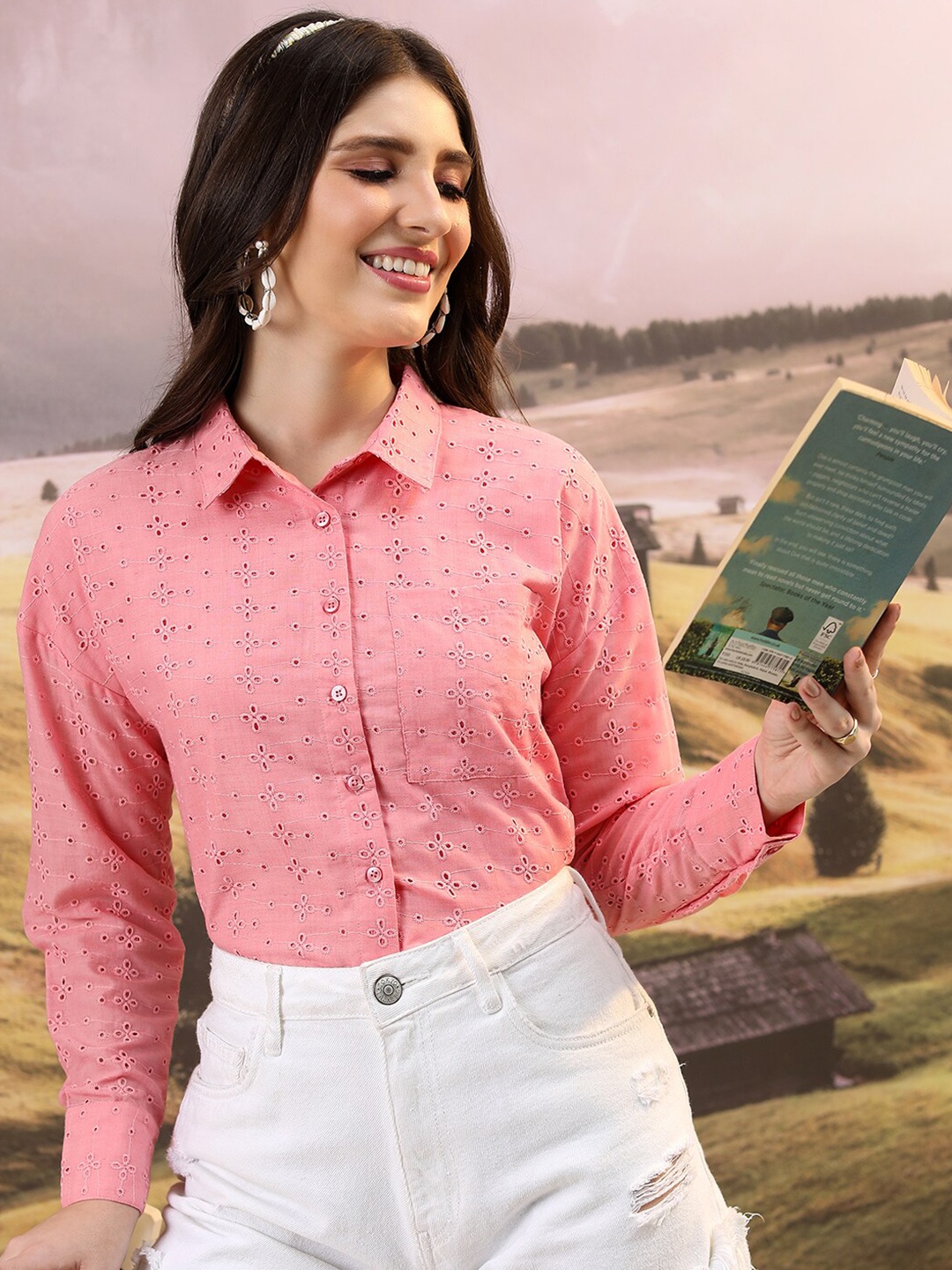 

Tokyo Talkies Schiffli Embroidered Spread Collar Long Sleeves Casual Shirt, Pink