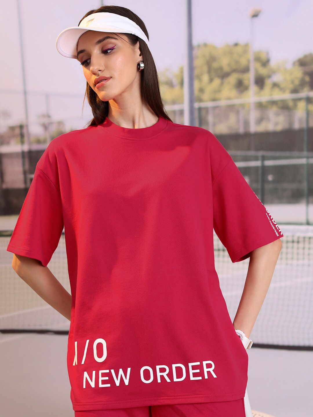 

Tokyo Talkies Printed Drop Shoulder Sleeved Oversized Tshirt, Pink