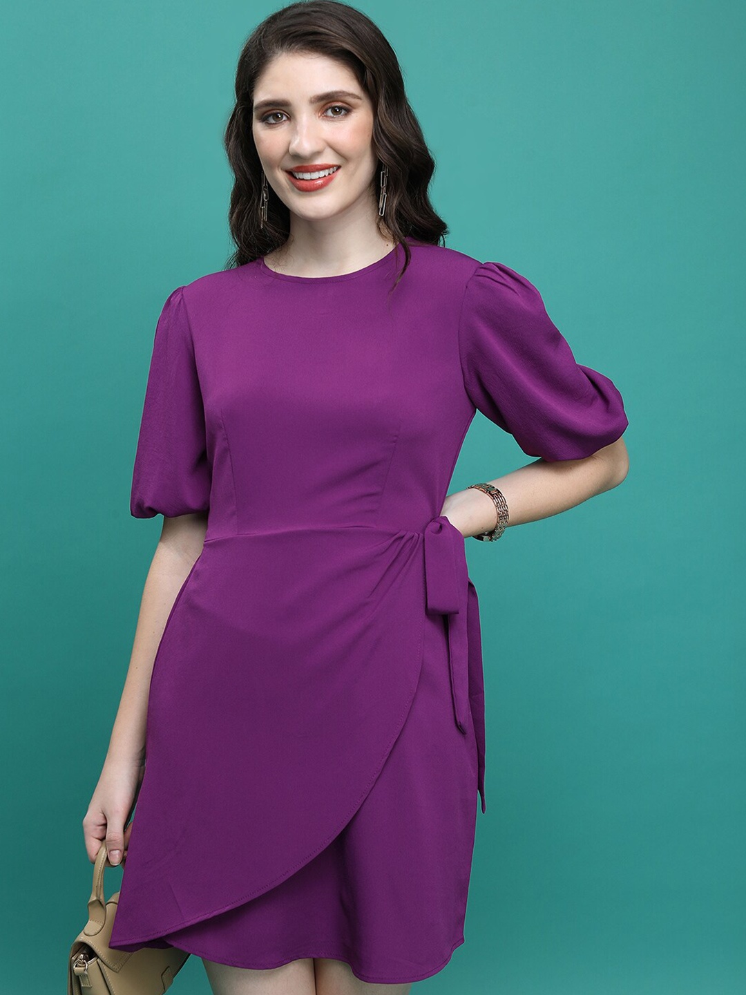 

Tokyo Talkies Puff Sleeve Mini Wrap Dress, Purple