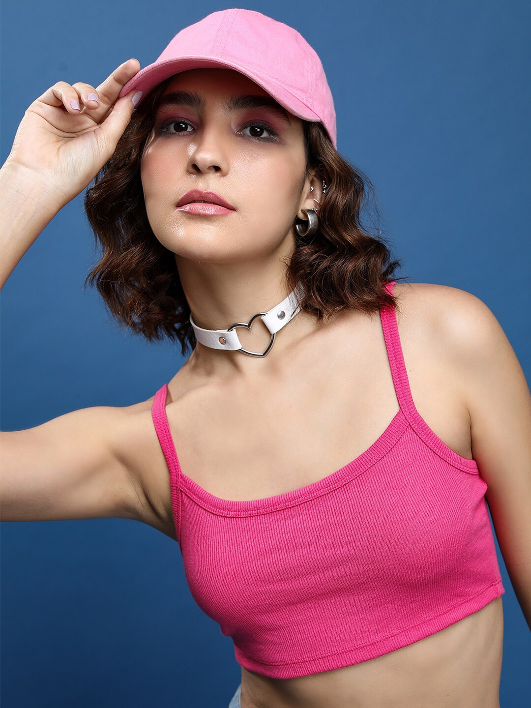 

Tokyo Talkies Pink Shoulder Straps Ribbed Crop Fitted Top