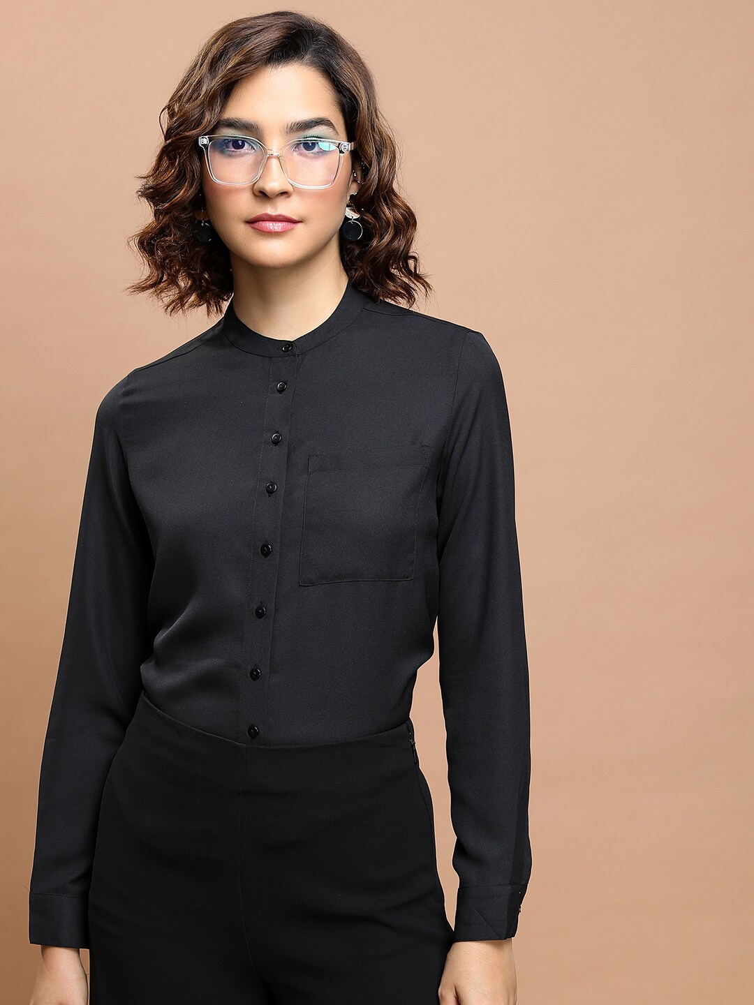 

Tokyo Talkies Mandarin Collar Long Sleeves Casual Shirt, Black