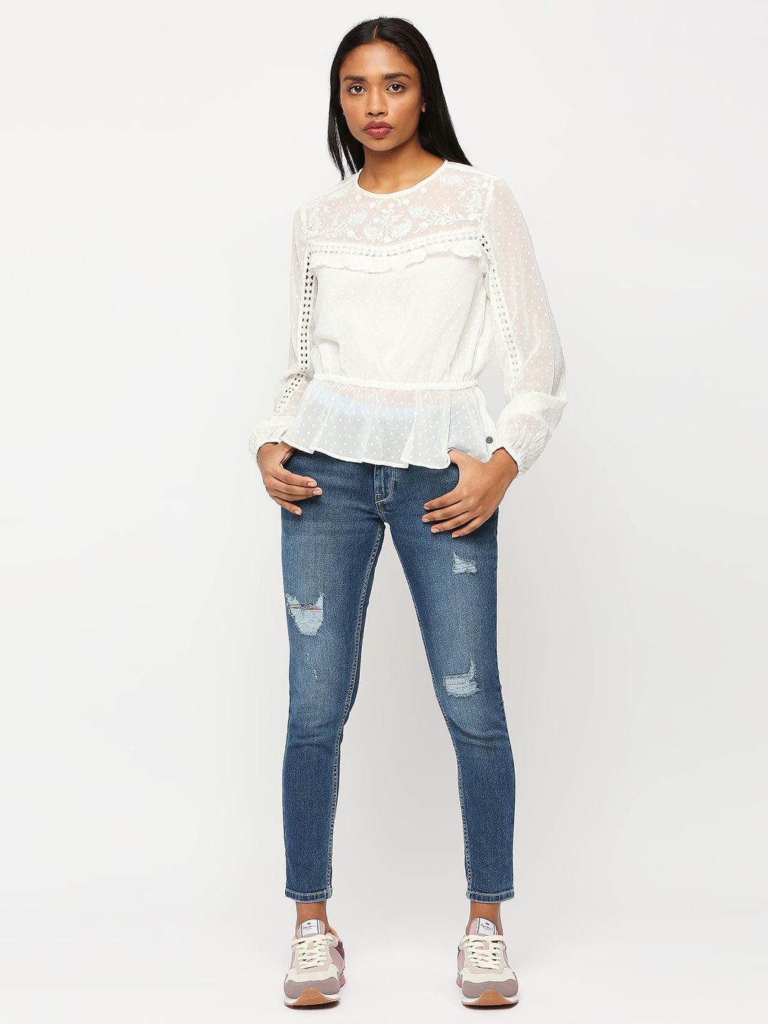 

Pepe Jeans Self Design Floral Cinched Waist Top, White