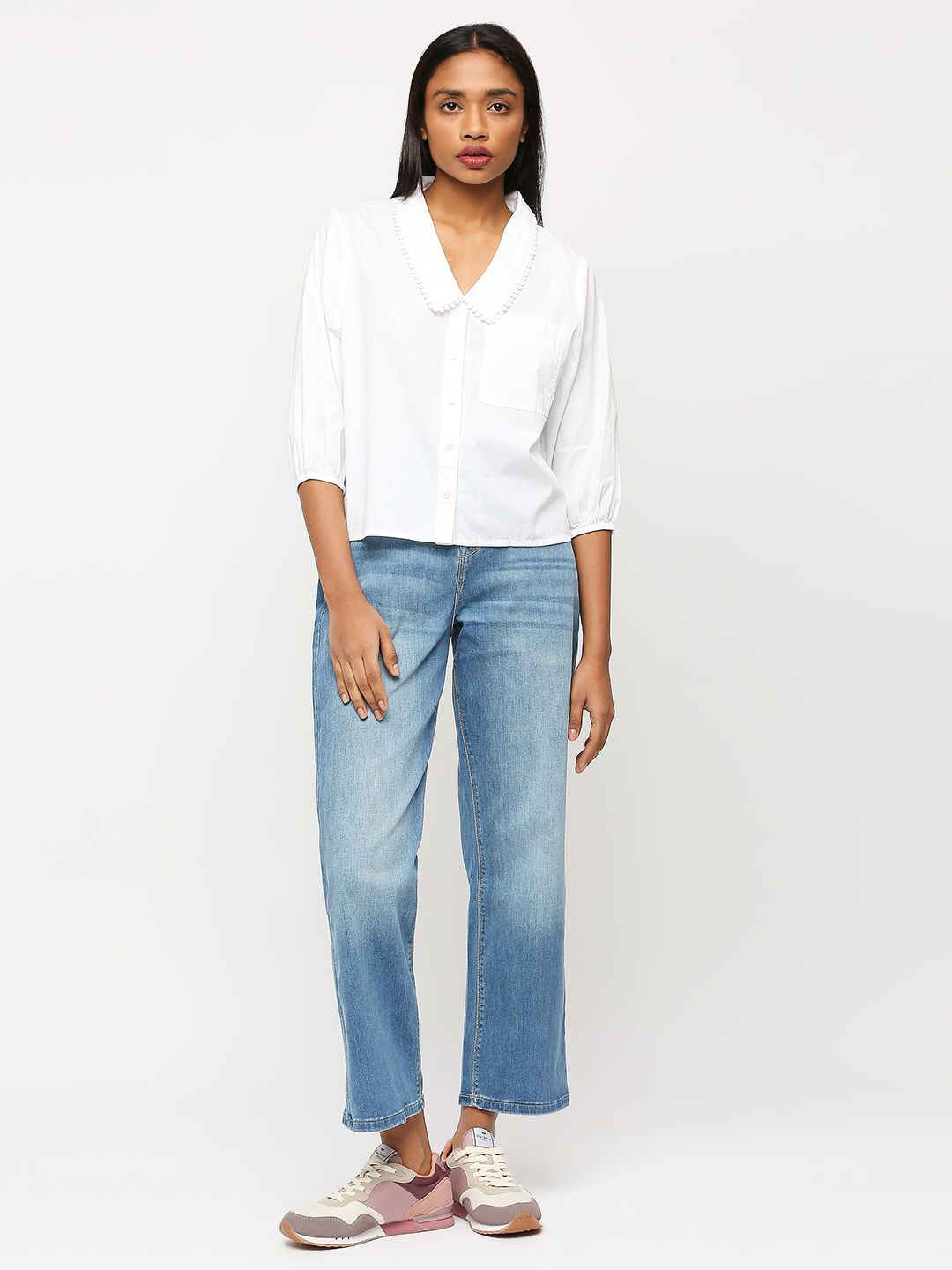 

Pepe Jeans Spread Collar Opaque Pure Cotton Puff Sleeve Casual Shirt, White
