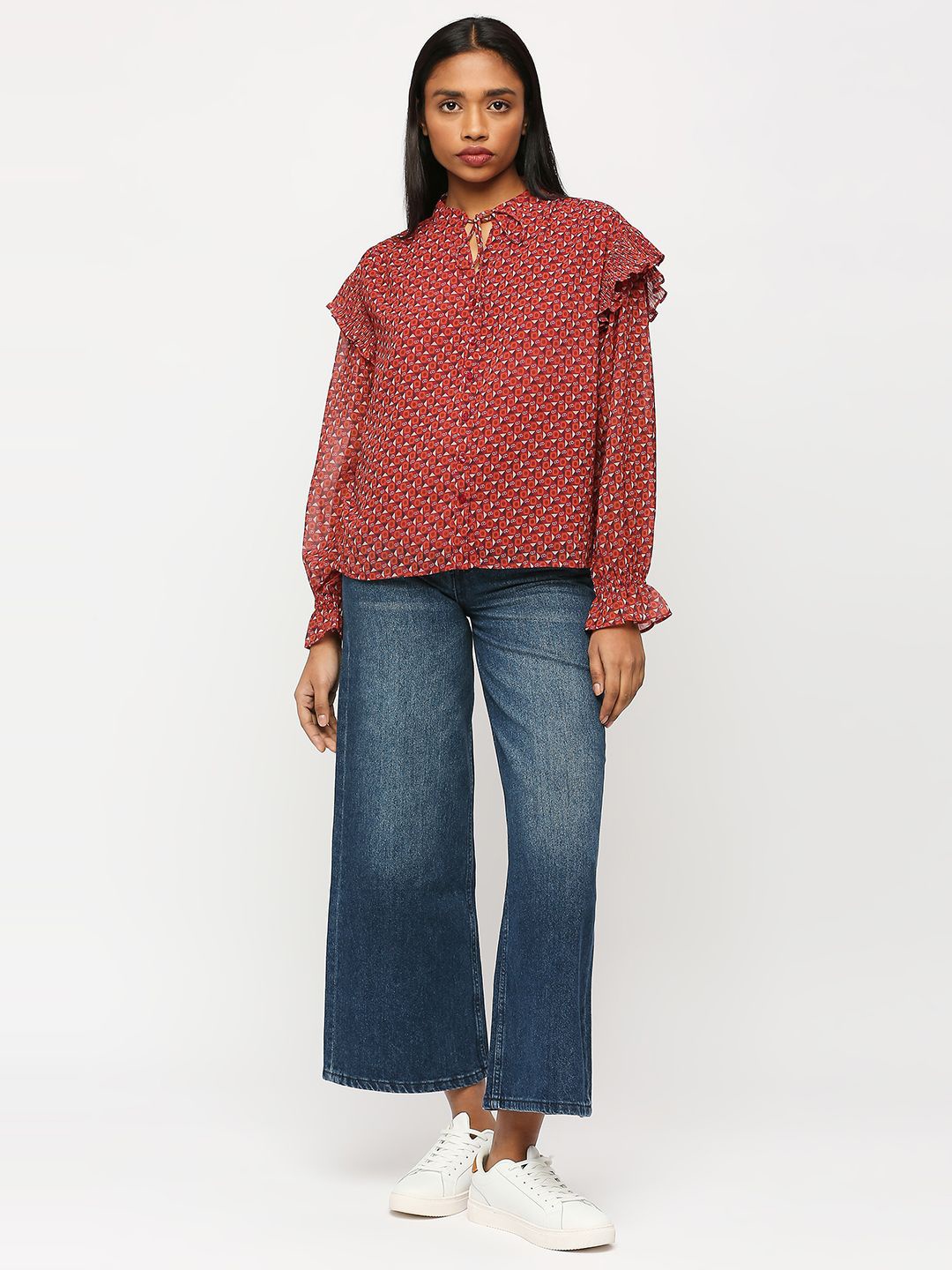 

Pepe Jeans Geometric Printed Tie-Up Neck Shirt Style Top, Red