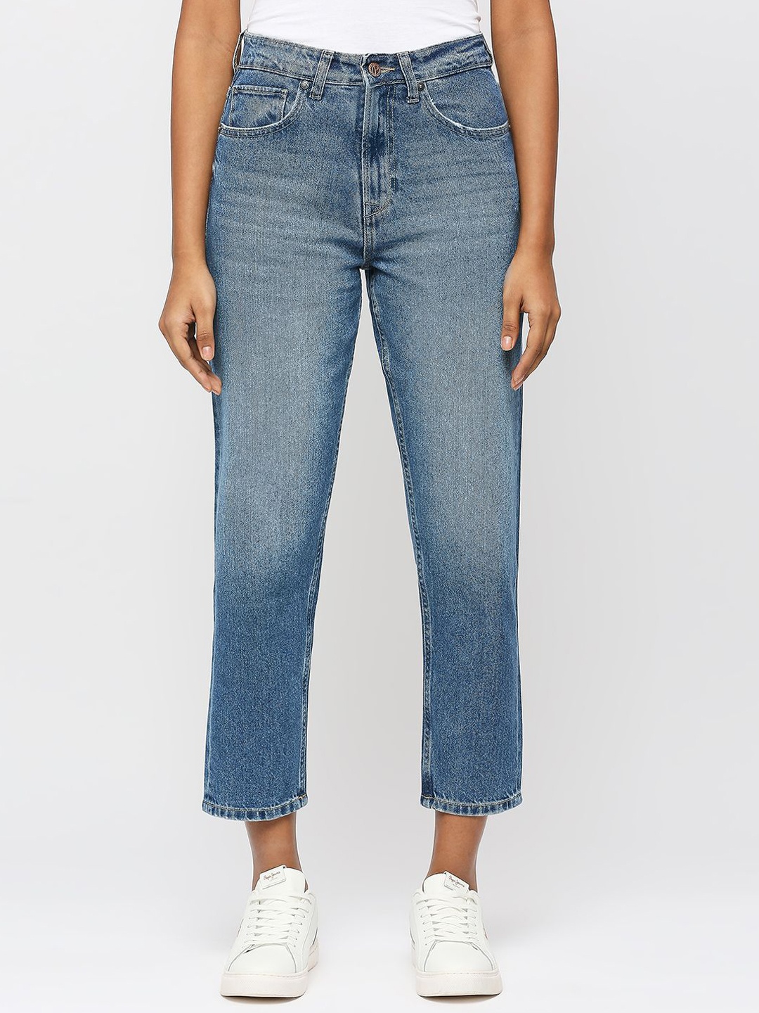 

Pepe Jeans Women Relaxed Fit High-Rise Clean Look Pure Cotton Jeans, Blue