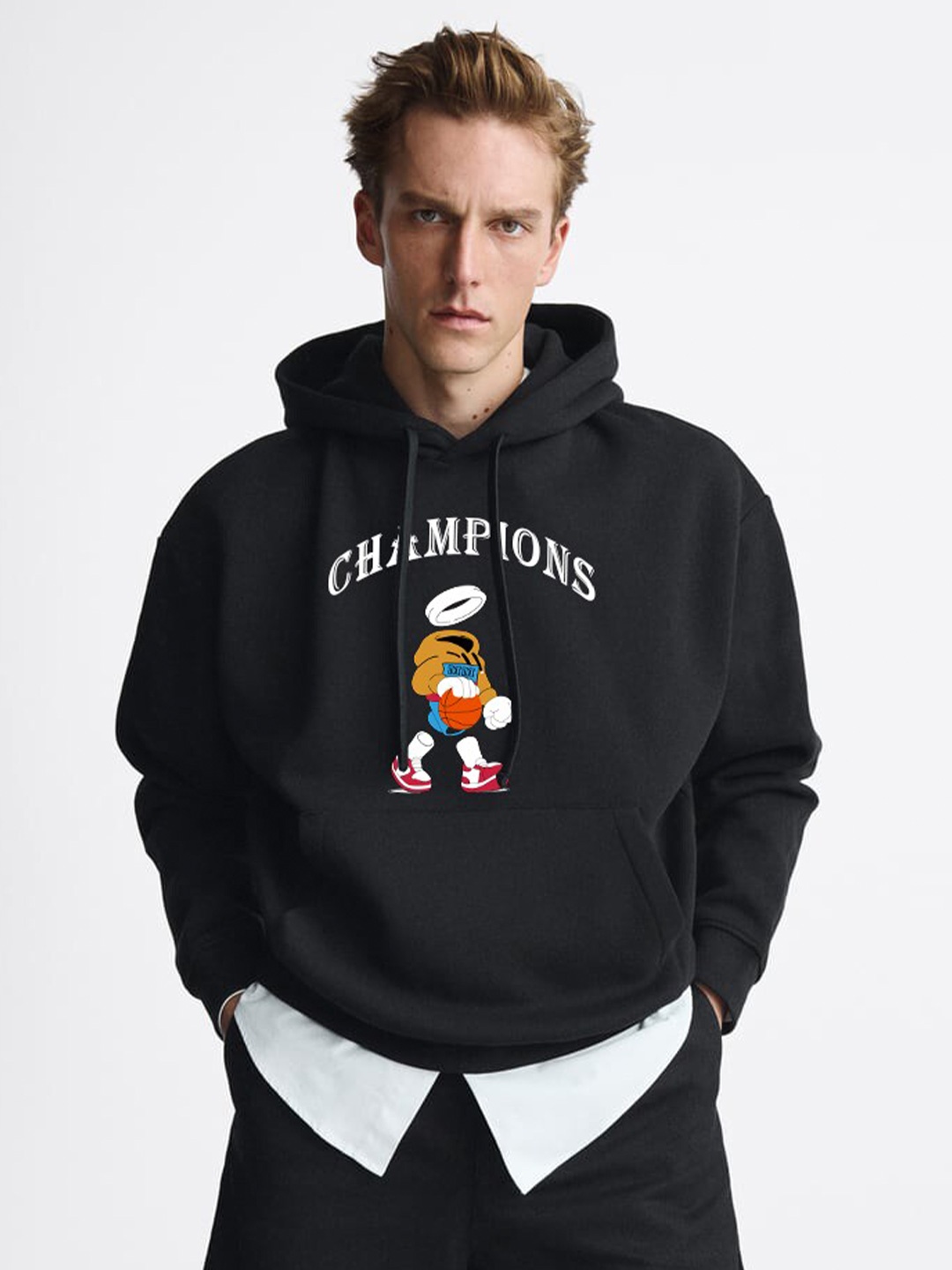 

MISCHIEF MONKEY Graphic Printed Ribbed Hooded Oversized Pullover Sweatshirt, Black