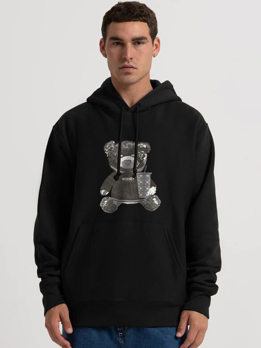 

MISCHIEF MONKEY Graphic Printed Ribbed Hooded Oversized Pullover Sweatshirt, Black