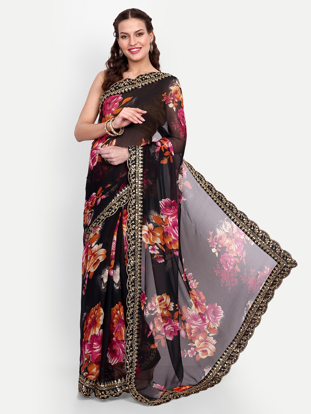 

DWIZA ENTERPRISE Floral Embroidered Pure Georgette Saree, Black