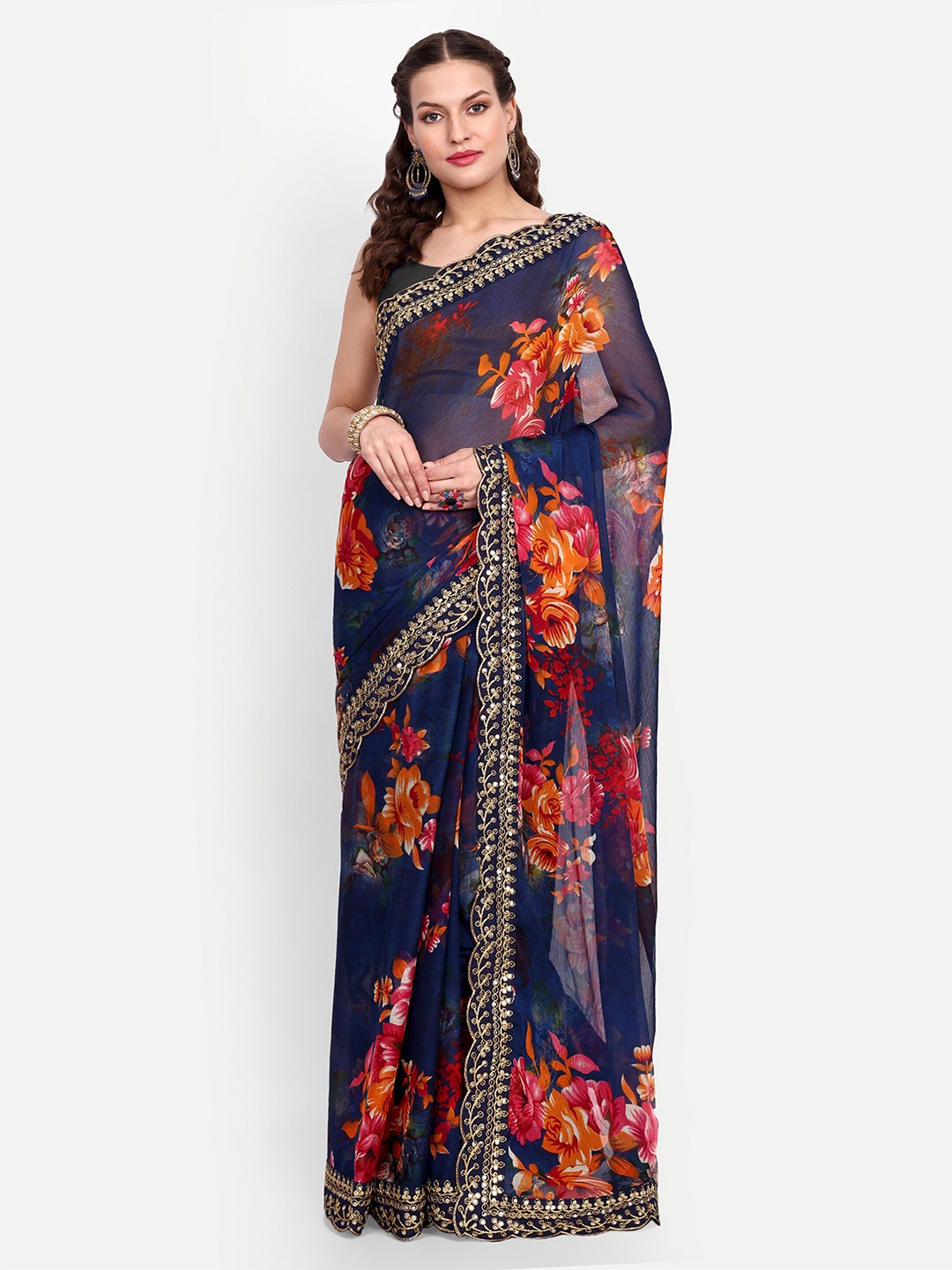 

DWIZA ENTERPRISE Floral Printed Pure Georgette Saree, Blue