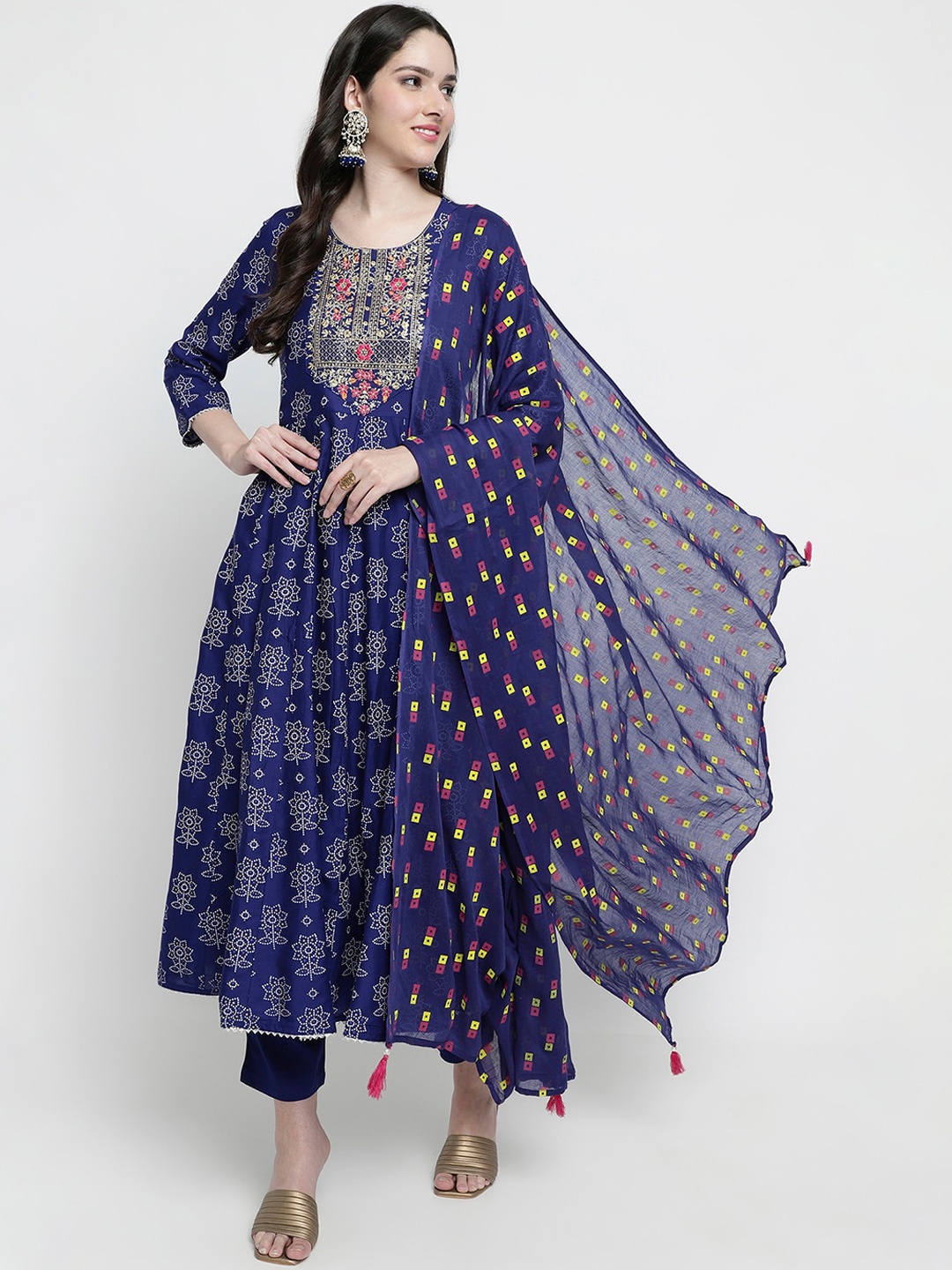 

aayusika Ethnic Motifs Embroidered Regular Kurta with Trousers & With Dupatta, Navy blue