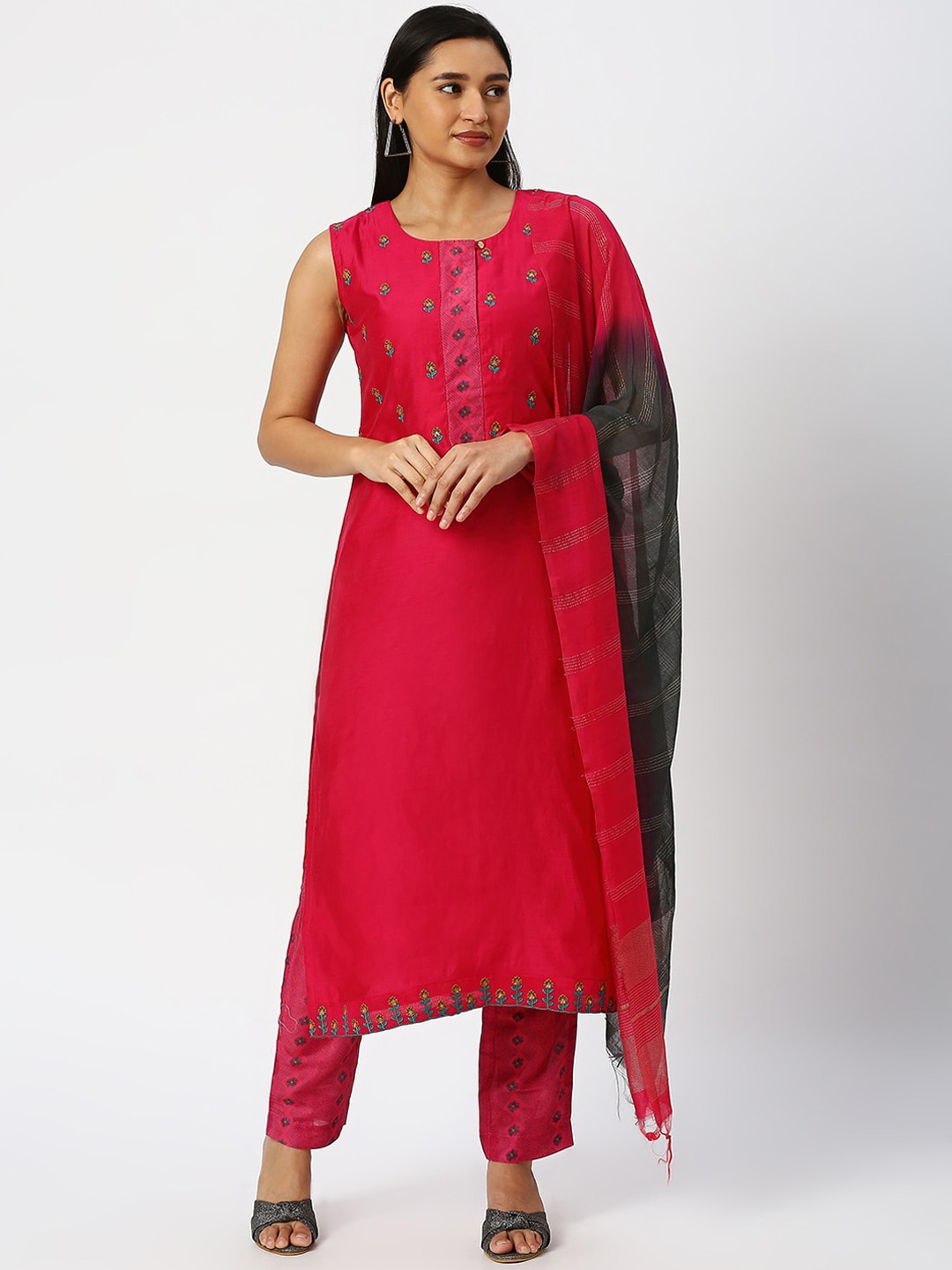 

DRESSLINE Floral Embroidered Thread Work Chanderi Silk Kurta With Salwar & Dupatta, Pink