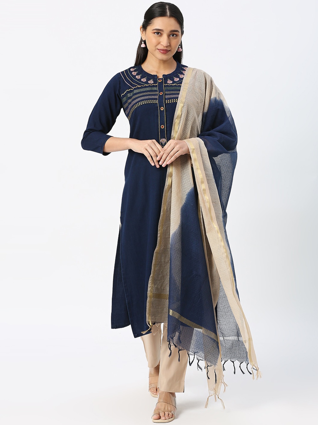 

DRESSLINE Floral Embroidered Kurta with Trousers & With Dupatta, Blue