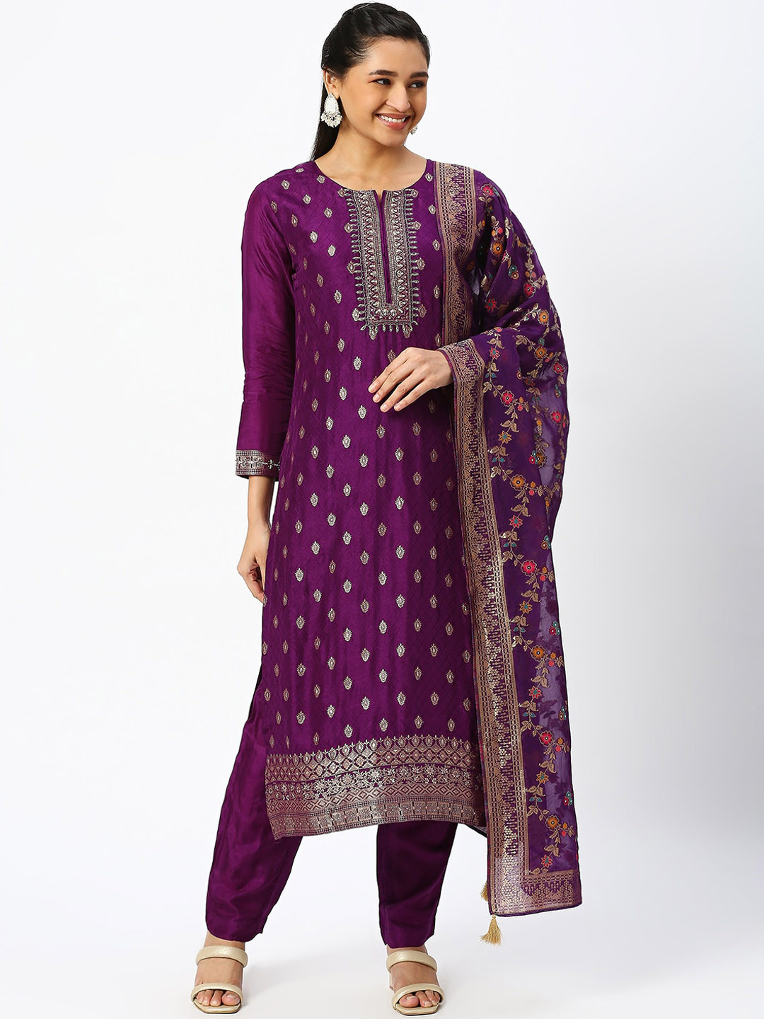 

DRESSLINE Ethnic Motifs Embroidered Jacquard Silk Kurta With Trousers & Dupatta, Purple