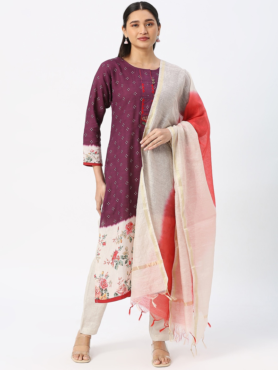 

DRESSLINE Ethnic Motifs Printed Pure Cotton Kurta With Salwar & Dupatta, Purple