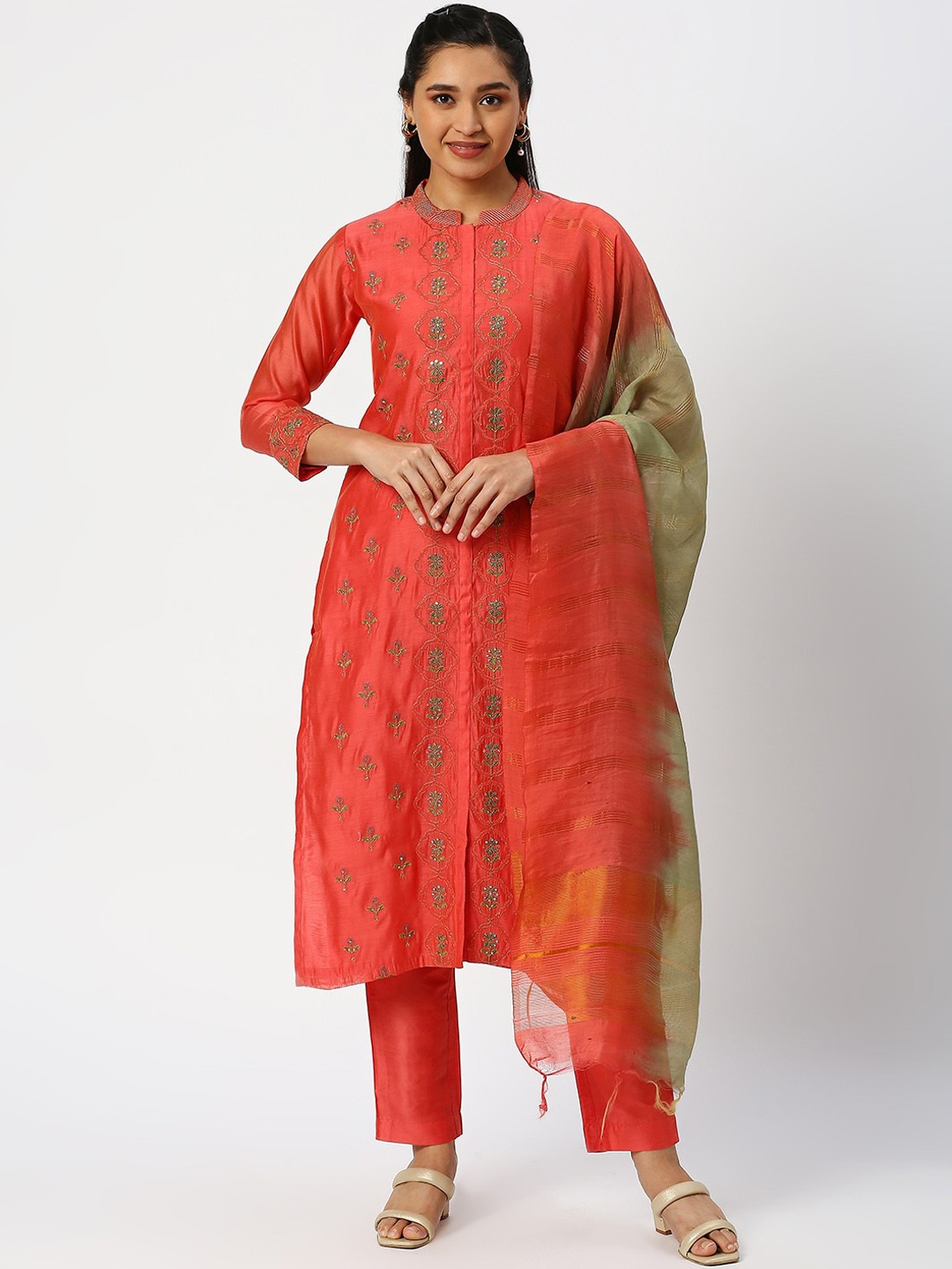 

DRESSLINE Ethnic Motifs Embroidered Thread Work Kurta With Salwar & Dupatta, Orange
