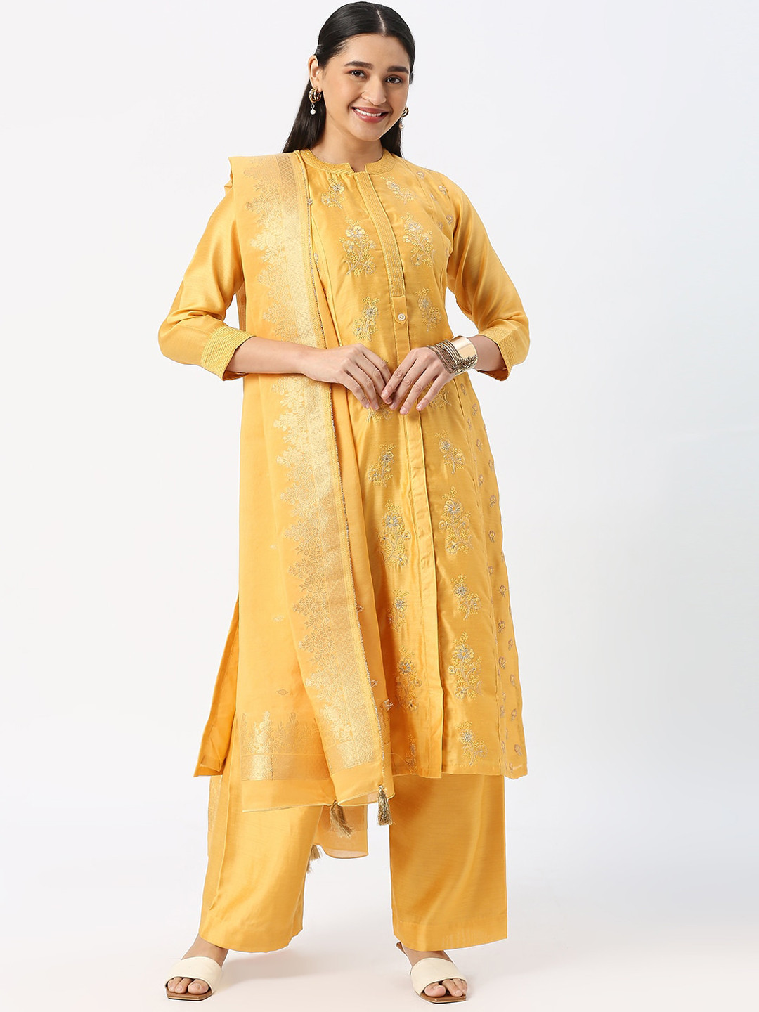 

DRESSLINE Plus Size Floral Embroidered Kurta & Salwar With Dupatta, Yellow