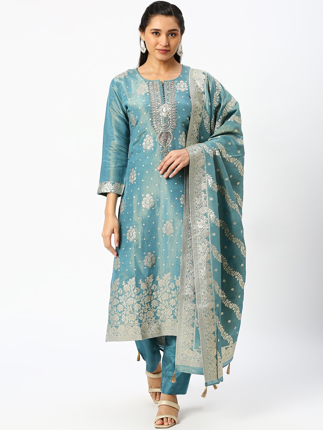 

DRESSLINE Ethnic Motifs Woven Design Thread Work Kurta with Salwar & Dupatta, Teal
