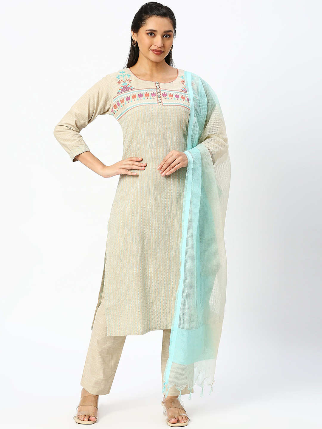

DRESSLINE Embroidered Pure Cotton Kurta & Salwar With Dupatta, Grey