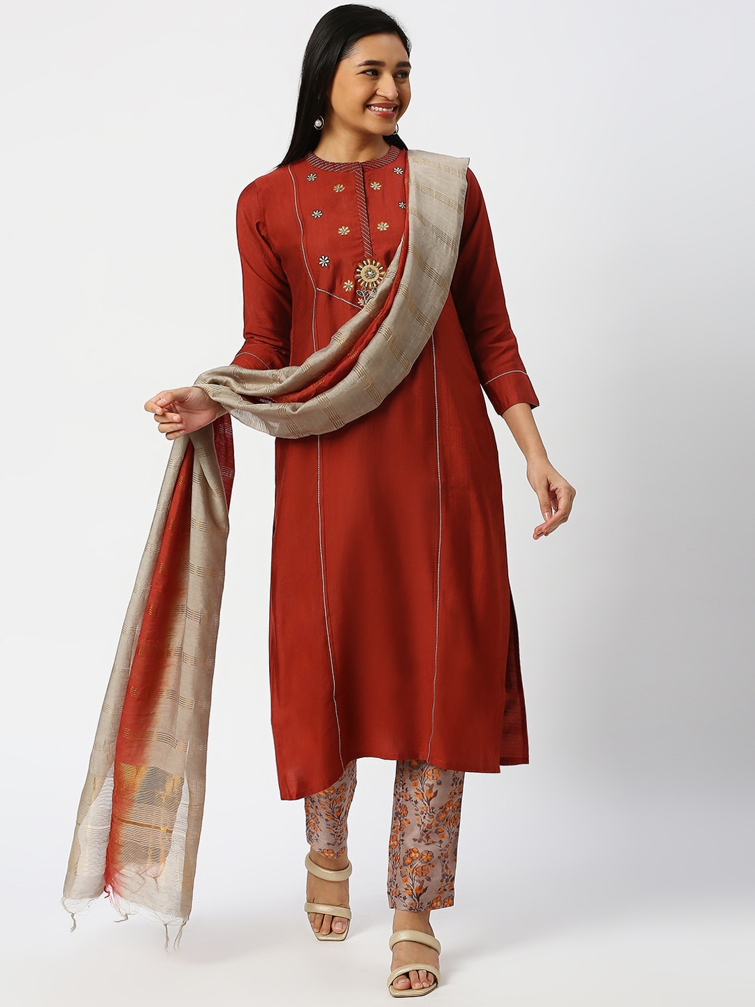 

DRESSLINE Ethnic Motifs Embroidered Kurta With Trousers & Dupatta, Rust