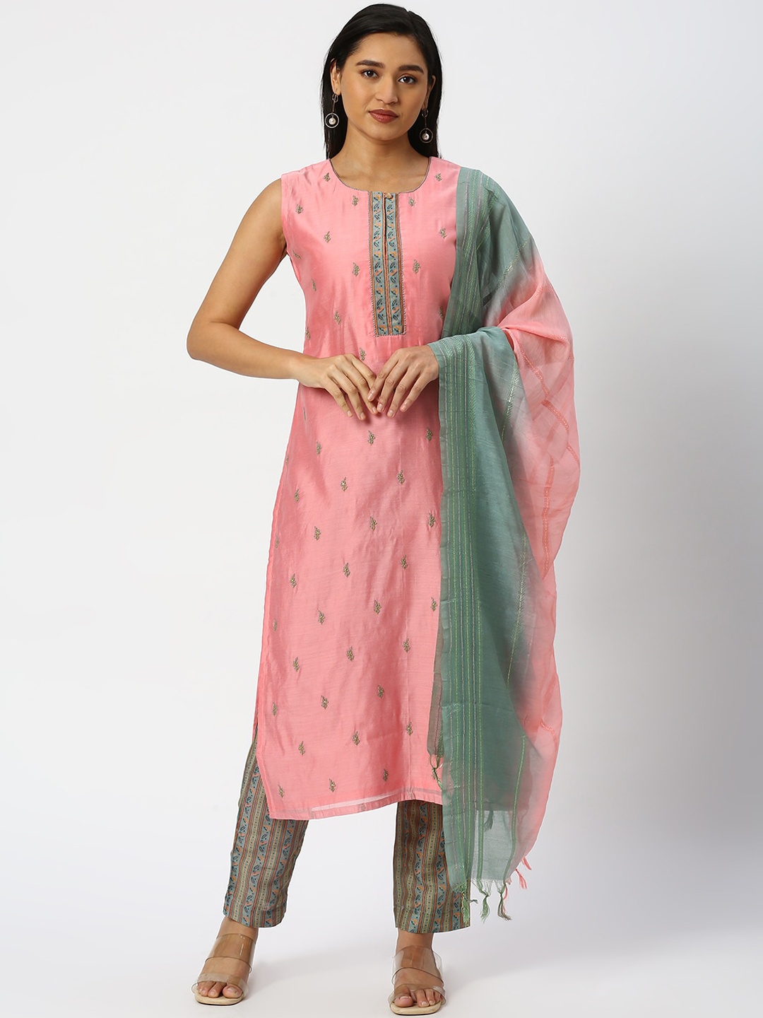 

DRESSLINE Floral Embroidered Regular Thread Work Chanderi Silk Kurta With Salwar & Dupatta, Pink