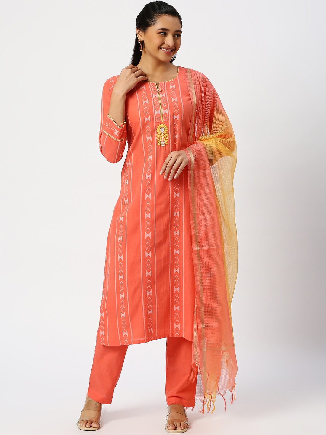 

DRESSLINE Plus Size Ethnic Motifs Embroidered Pure Cotton Kurta & Trousers With Dupatta, Peach