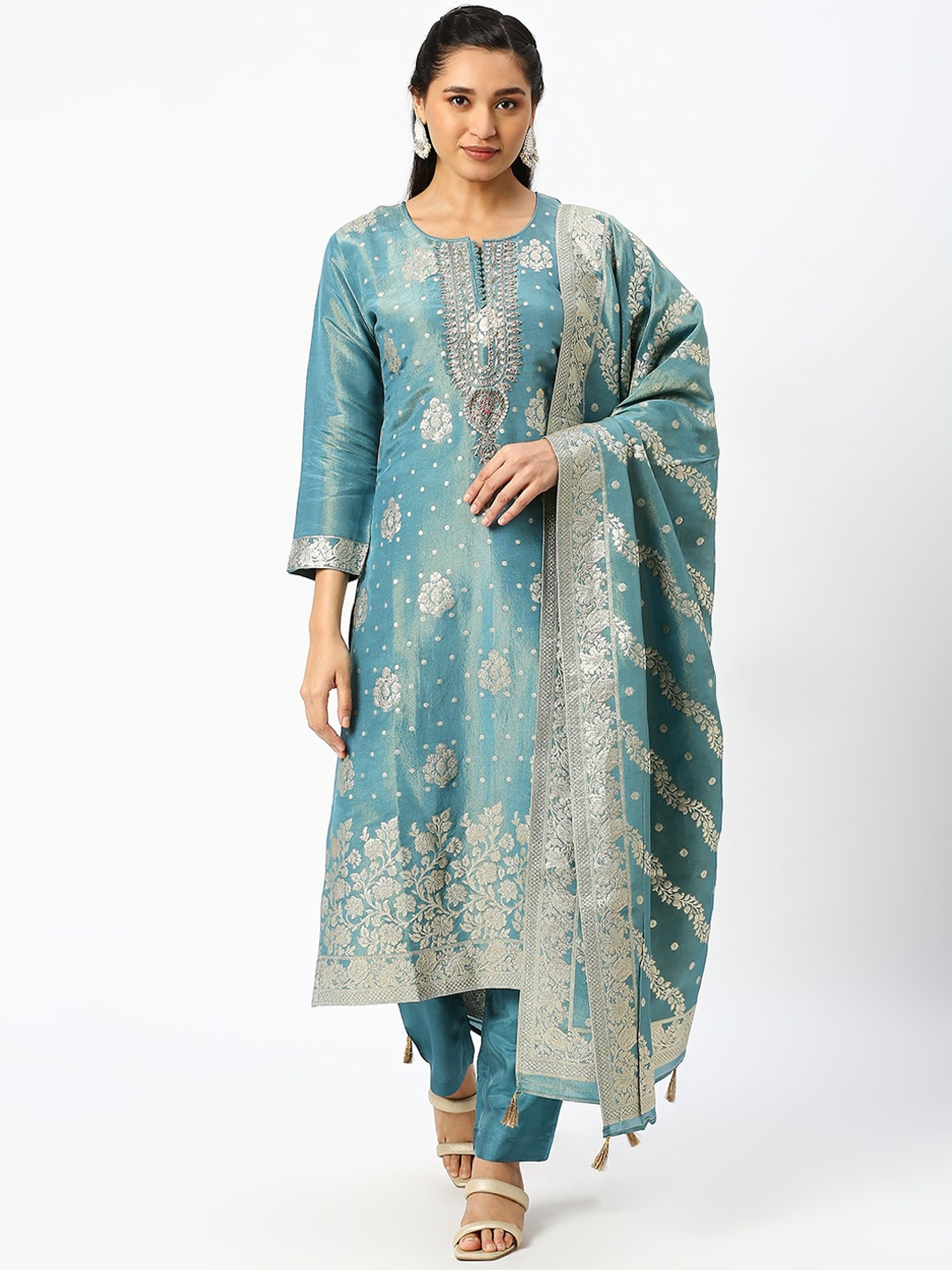 

DRESSLINE Jacquard Woven Design Kurta with Salwar & With Dupatta, Teal