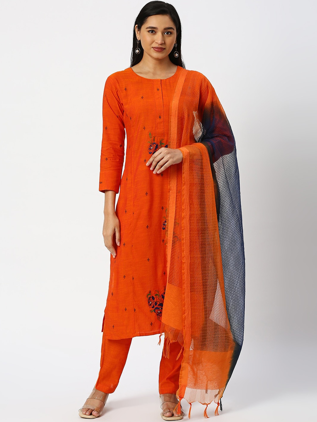 

DRESSLINE Geometric Embroidered Pure Cotton Kurta With Salwar & Dupatta, Orange