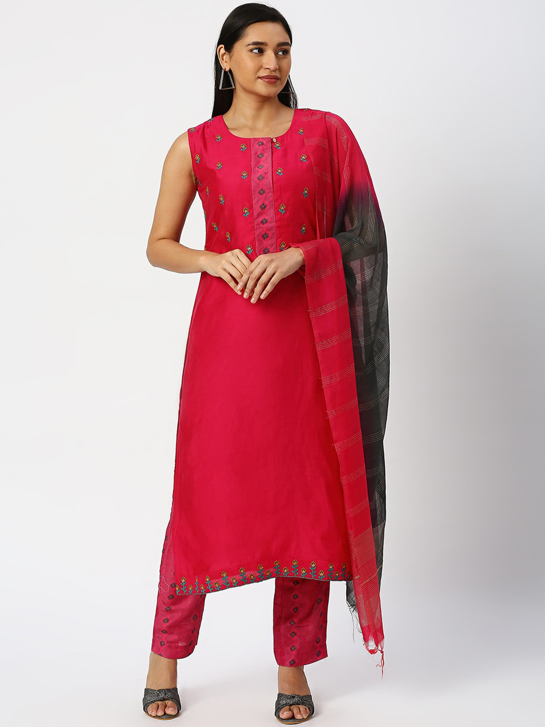 

DRESSLINE Floral Embroidered Thread Work Chanderi Silk Kurta With Salwar & Dupatta, Pink