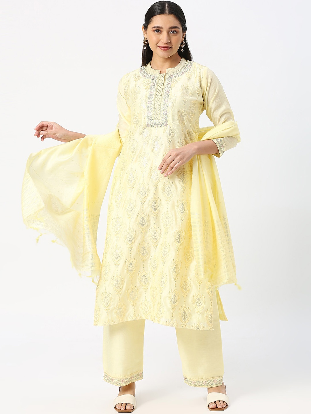 

DRESSLINE Ethnic Motifs Embroidered Sequinned Kurta With Palazzos & Dupatta, Yellow