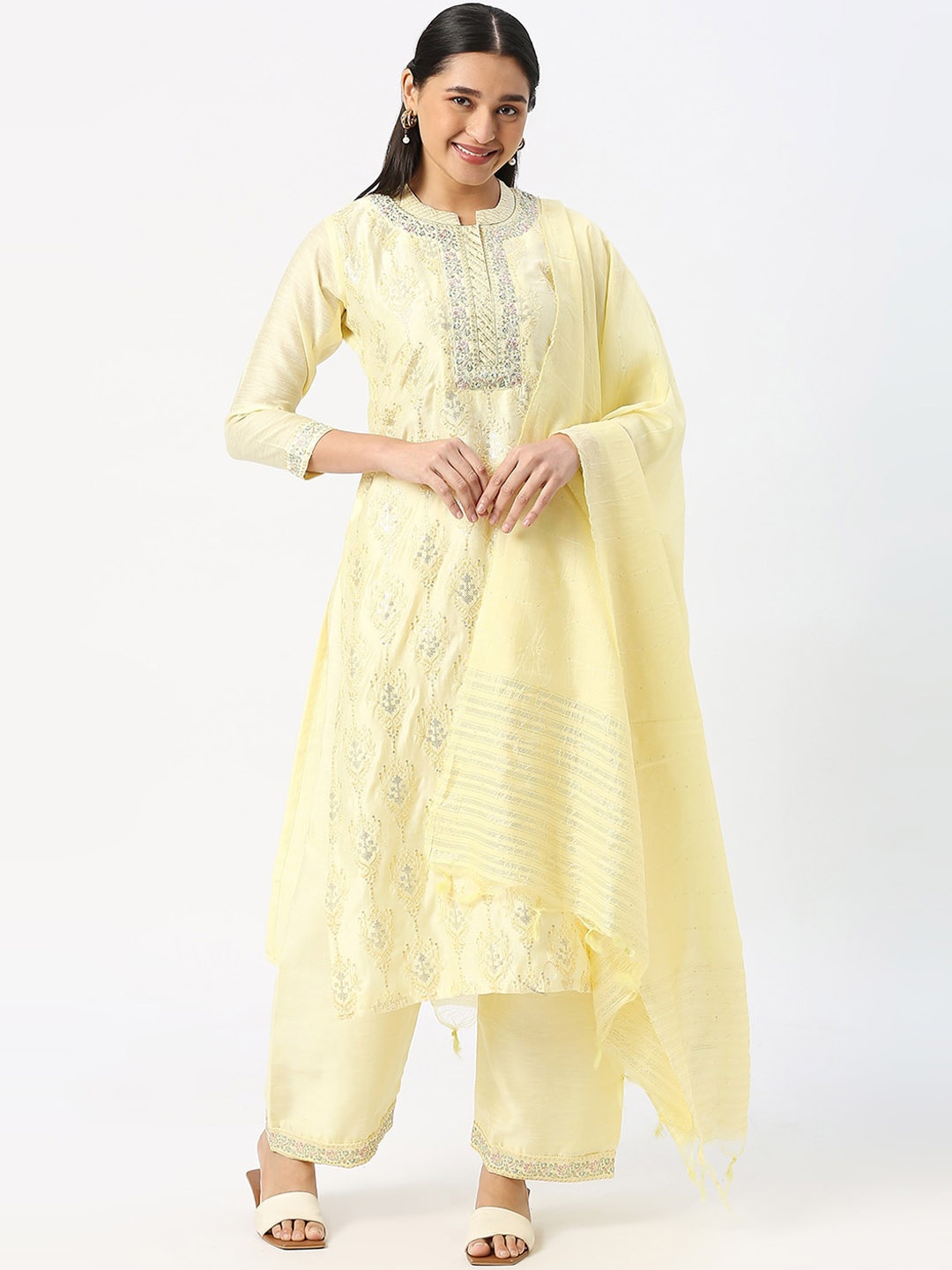 

DRESSLINE Ethnic Motifs Embroidered Kurta with Palazzos & With Dupatta, Yellow