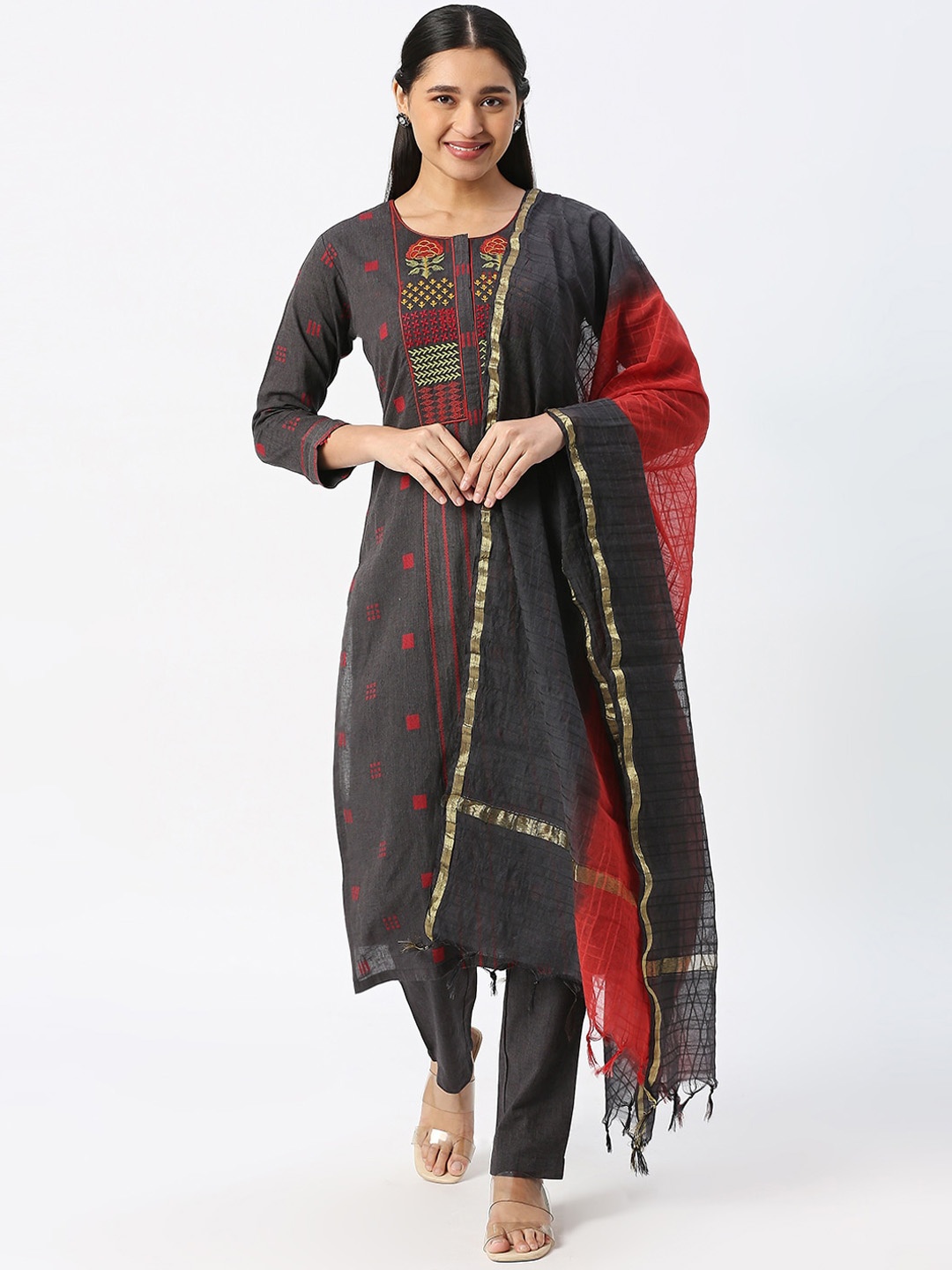 

DRESSLINE Geometric Embroidered Thread Work Pure Cotton Kurta With Trousers & Dupatta, Grey