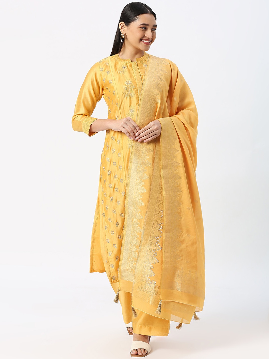 

DRESSLINE Ethnic Motifs Embroidered Thread Work Kurta & Salwar With Dupatta, Yellow