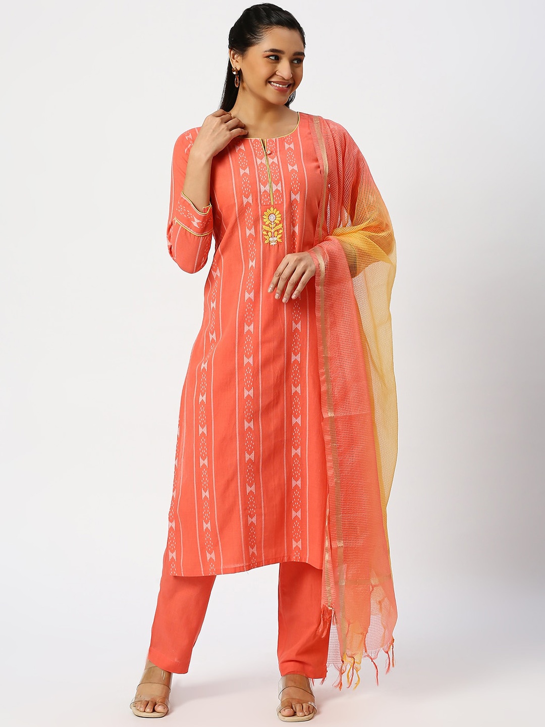 

DRESSLINE Geometric Printed Regular Thread Work Pure Cotton Kurta With Trousers & Dupatta, Peach