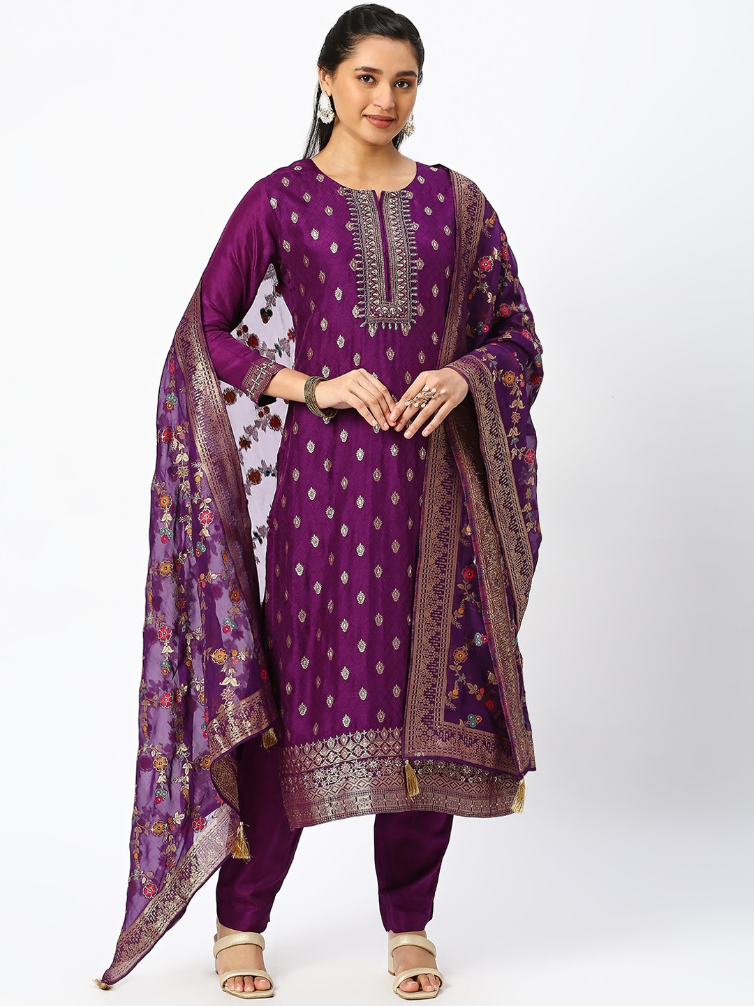 

DRESSLINE Ethnic Motifs Woven Design Regular Kurta With Salwar & Dupatta, Purple