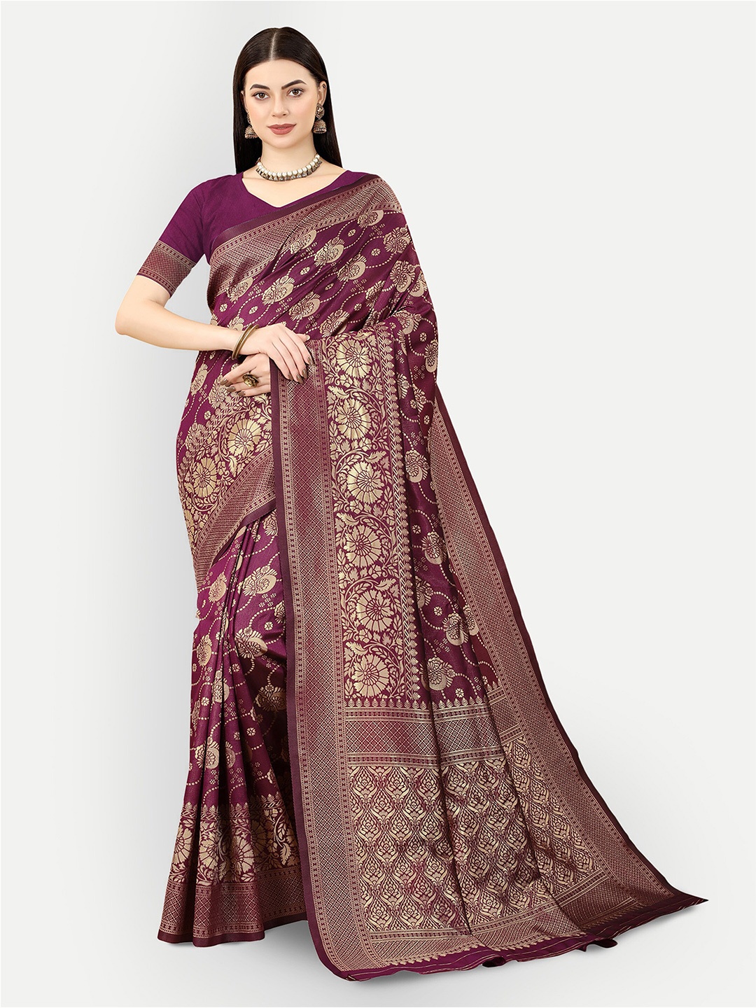 

DWIZA ENTERPRISE Ethnic Motifs Woven Design Zari Art Silk Banarasi Saree, Maroon