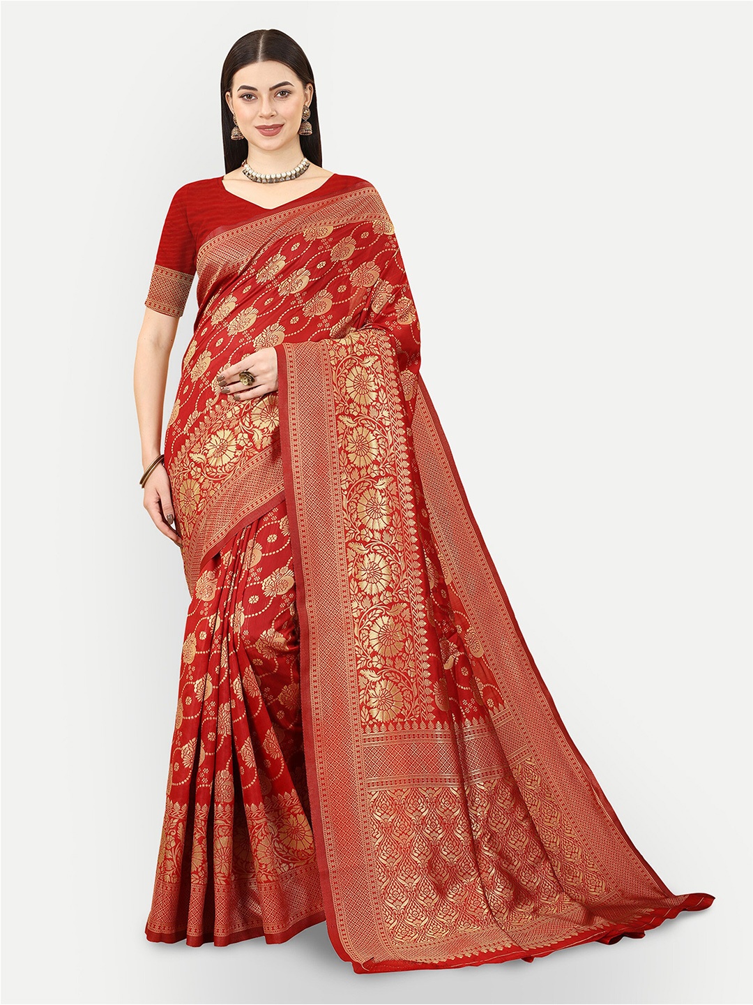 

DWIZA ENTERPRISE Ethnic Motifs Woven Design Zari Art Silk Banarasi Saree, Red