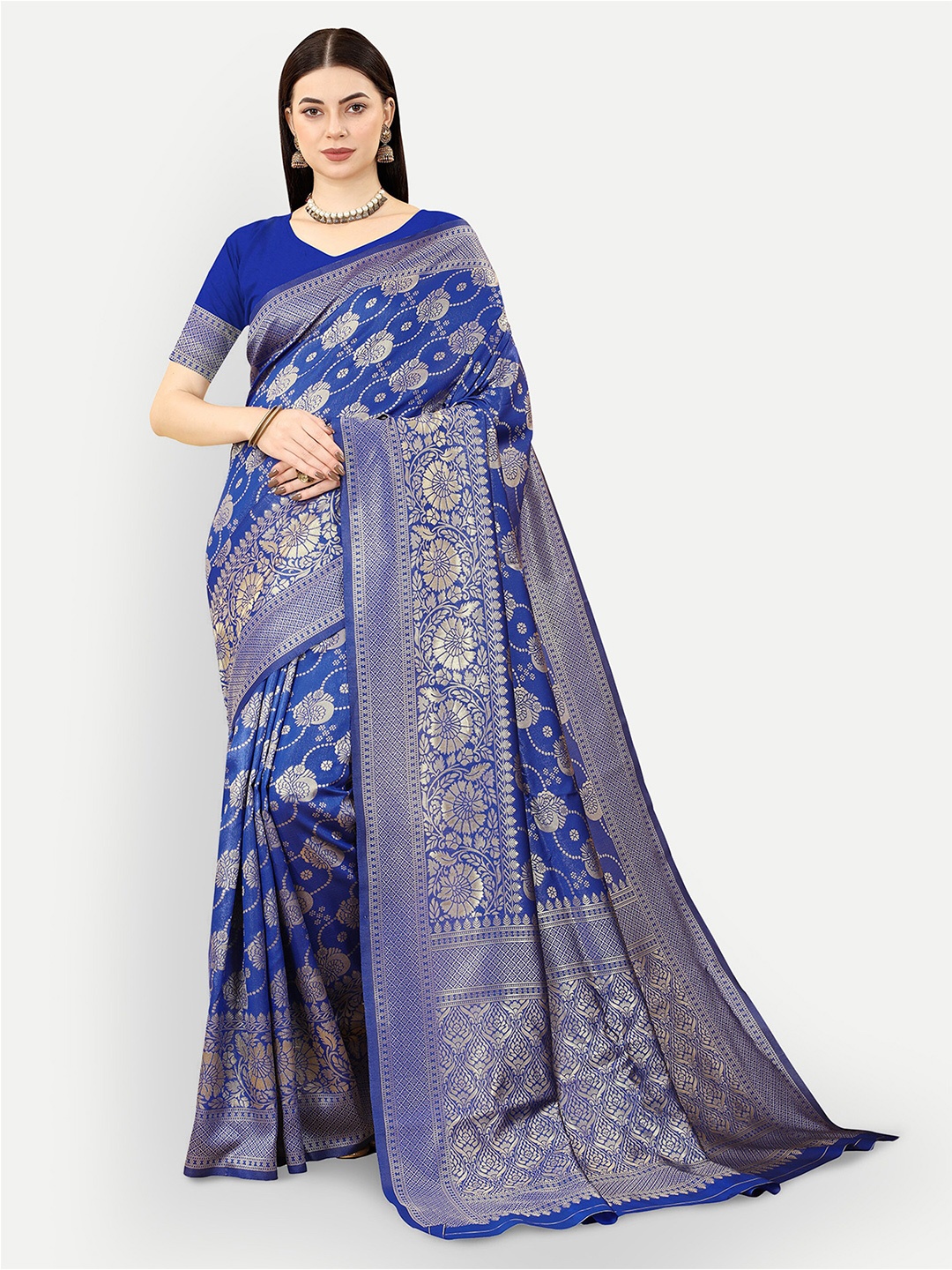 

DWIZA ENTERPRISE Ethnic Motifs Woven Design Zari Art Silk Banarasi Saree, Blue