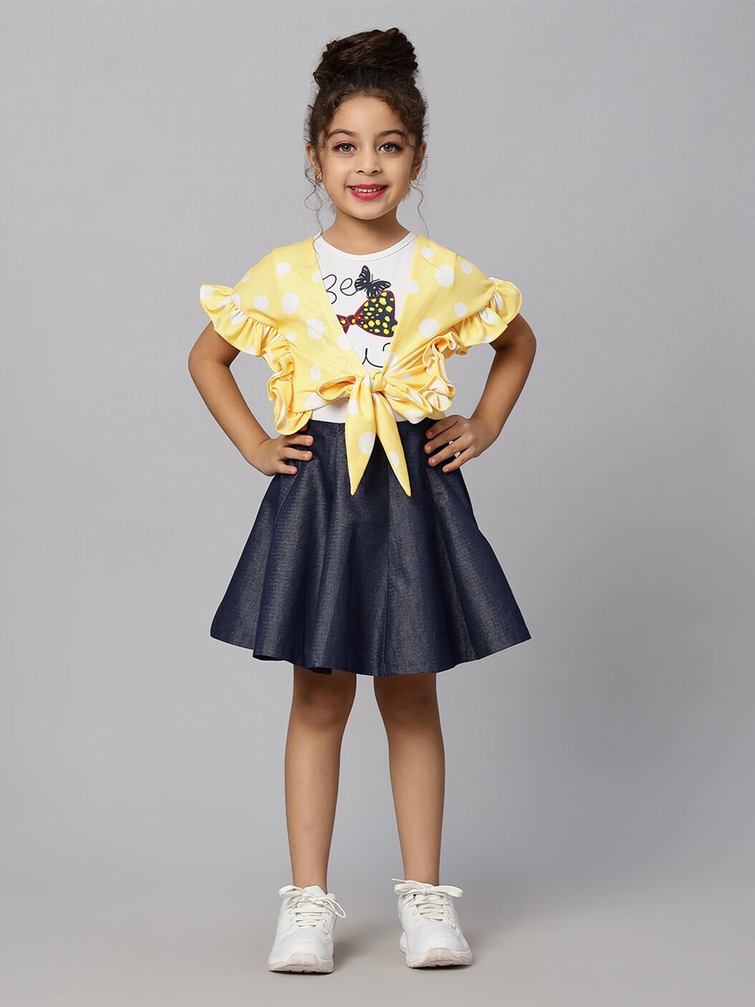 

Macwin Girls Printed Top With Skirt & Jacket, Yellow