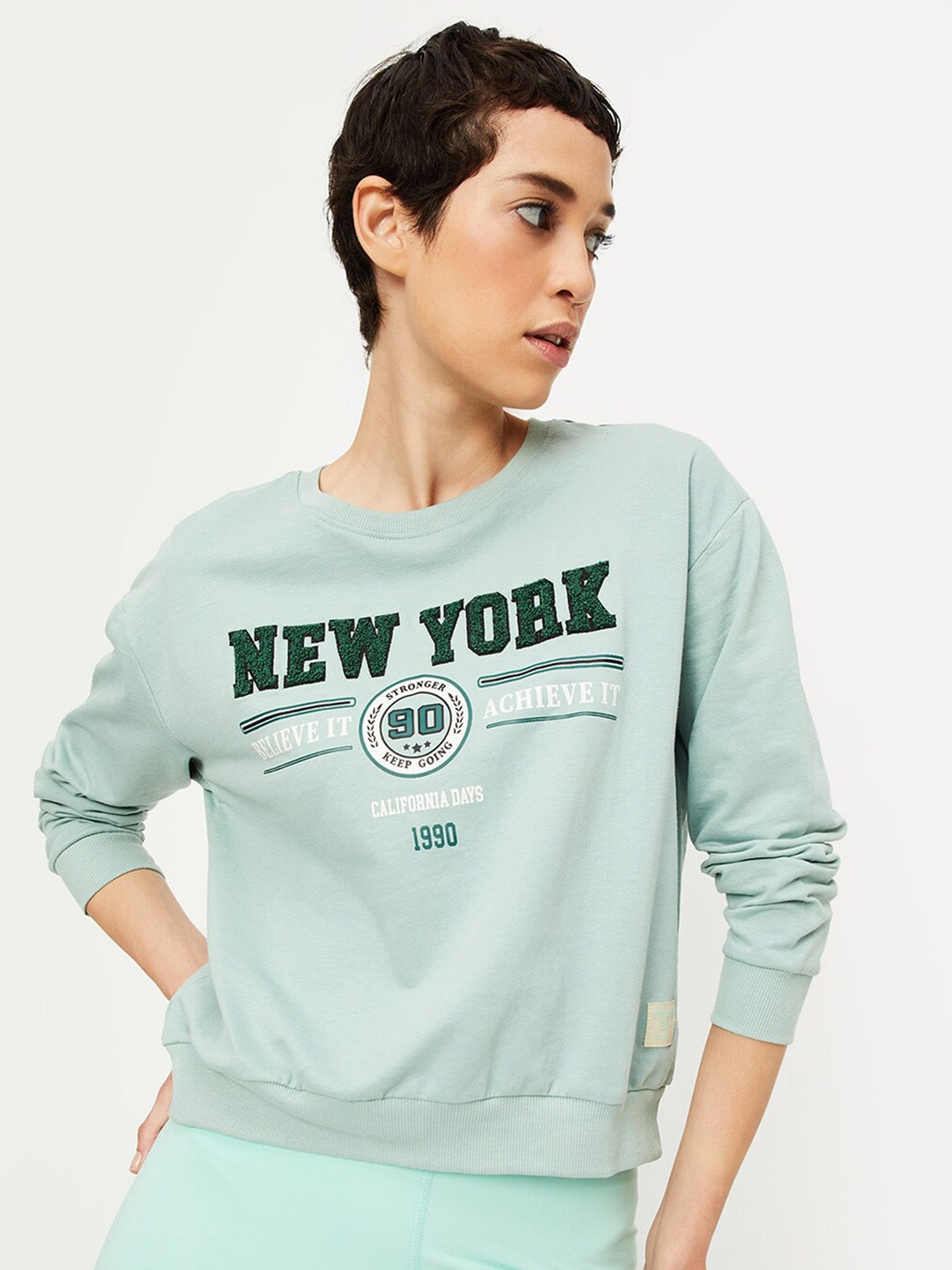 

max Typography Printed Pure Cotton Sweatshirt, Green