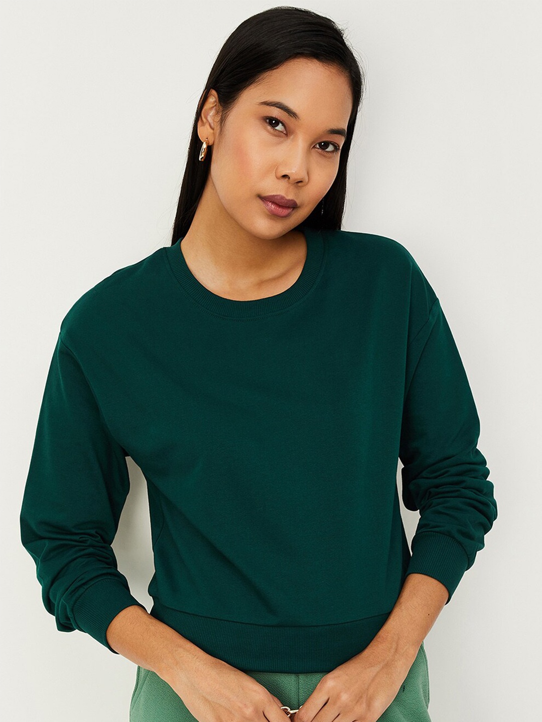 

max Round Neck Pure Cotton Sweatshirt, Green