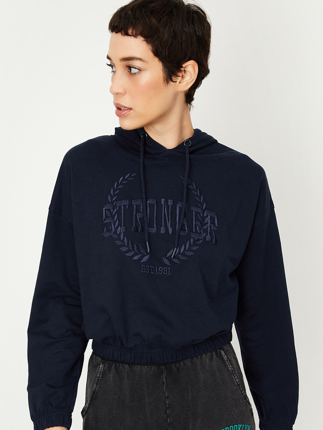 

max Typography Printed Cotton Hooded Pullover Sweatshirt, Navy blue