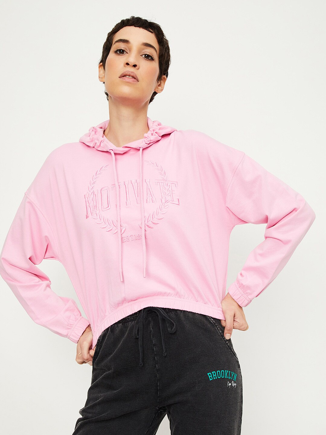 

max Typography Printed Cotton Hooded Pullover Sweatshirt, Pink