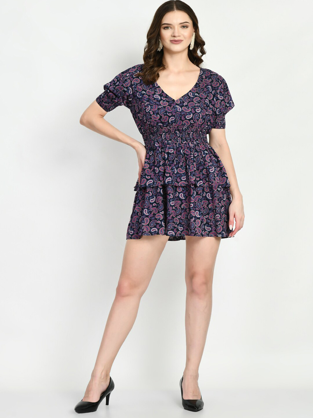 

DressBerry Black & Navy Blue Ethnic Motifs Printed Smocked Fit & Flare Mini Dress