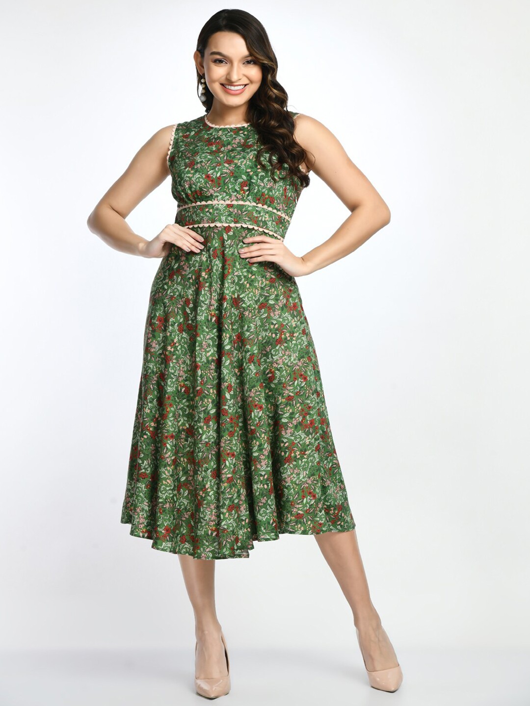 

DressBerry Floral Printed Fit & Flare Midi Dress, Green