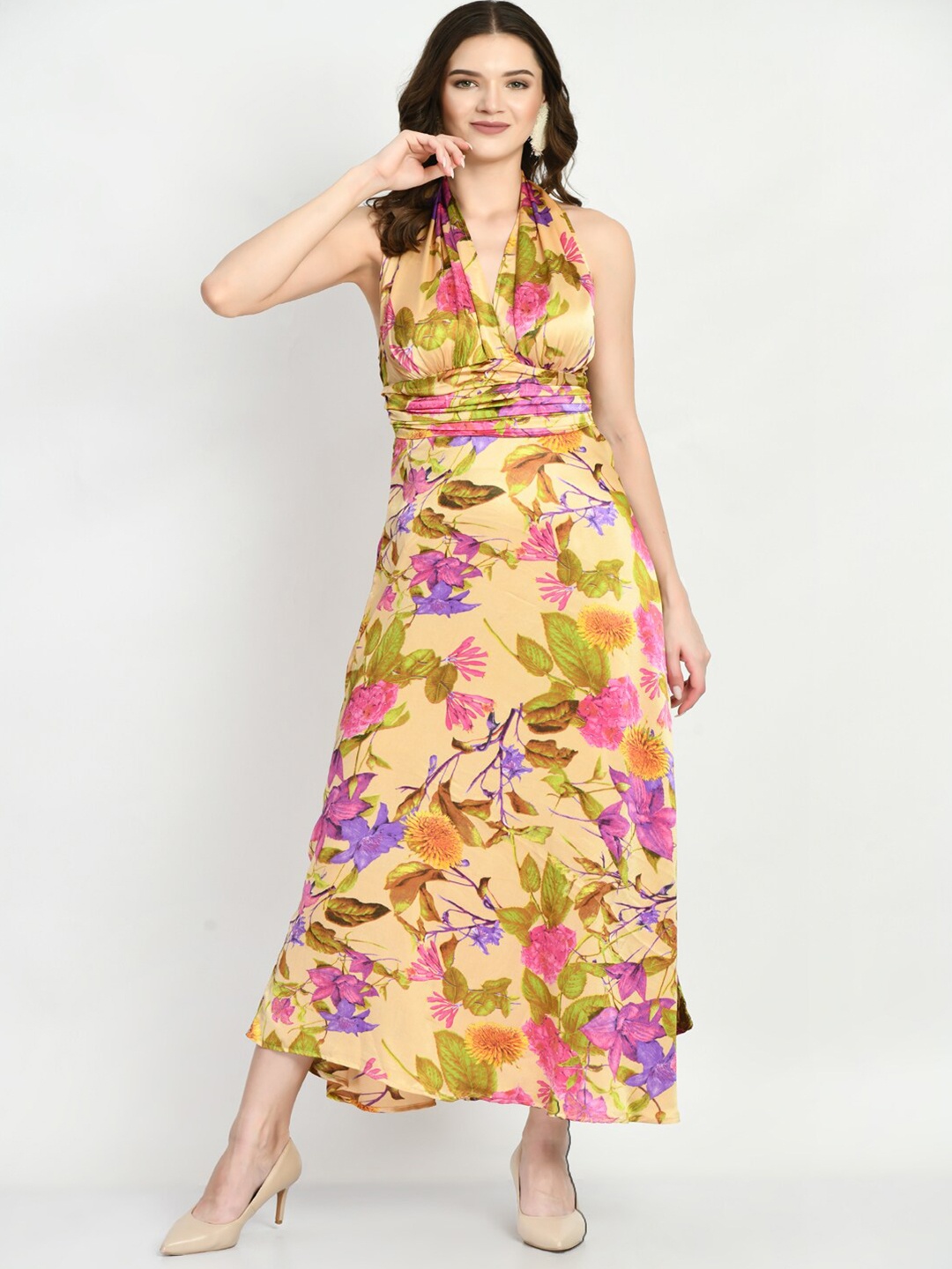 

DressBerry Yellow & Pink Floral Printed Halter Neck Maxi Dress