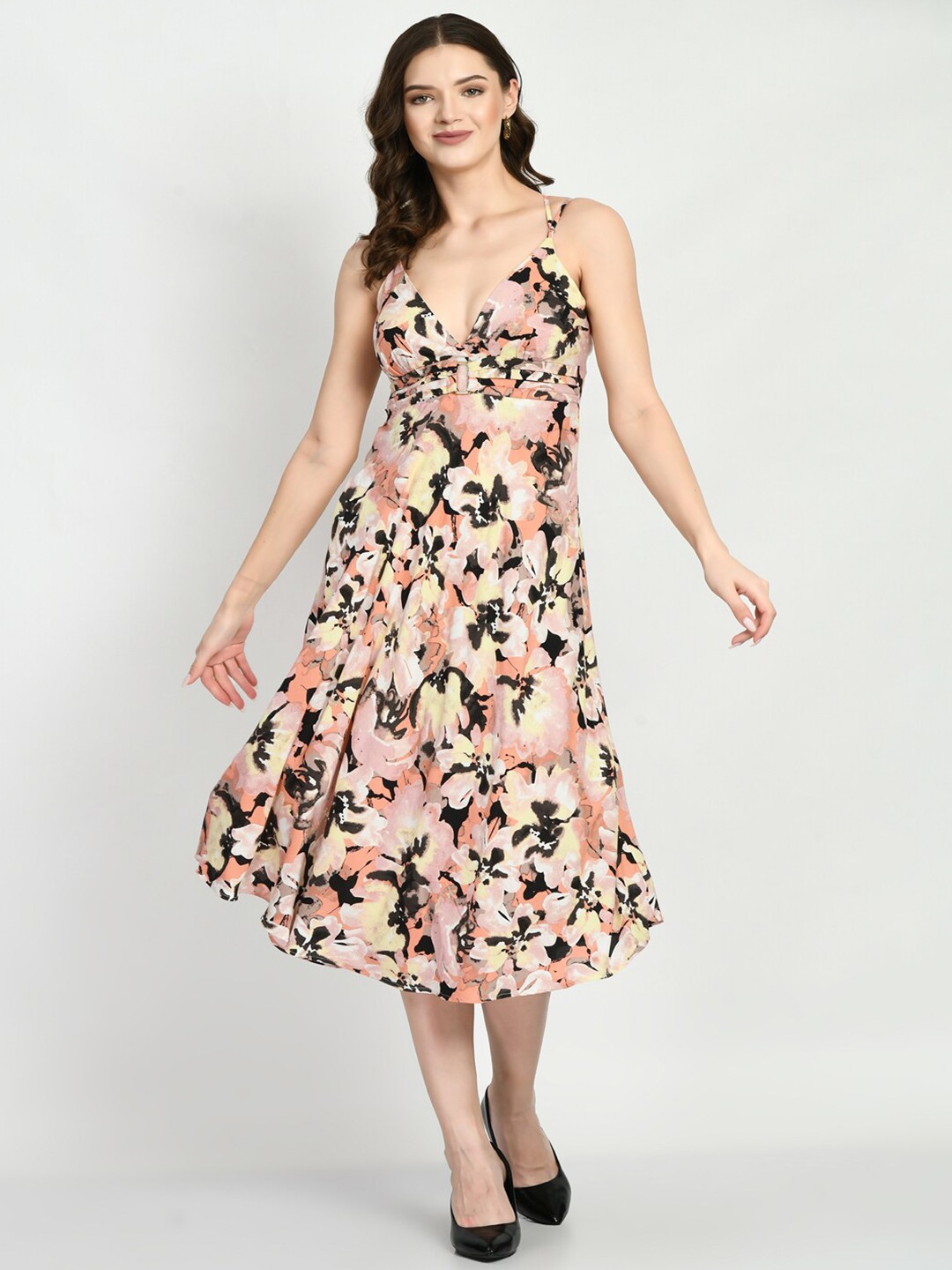 

DressBerry Floral Printed Fit & Flare Midi Dress, Beige