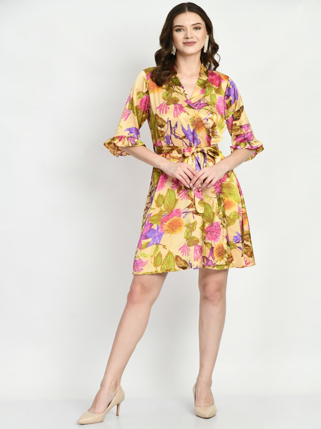 

DressBerry Floral Printed Bell Sleeve Chiffon Fit and Flare Dress, Beige