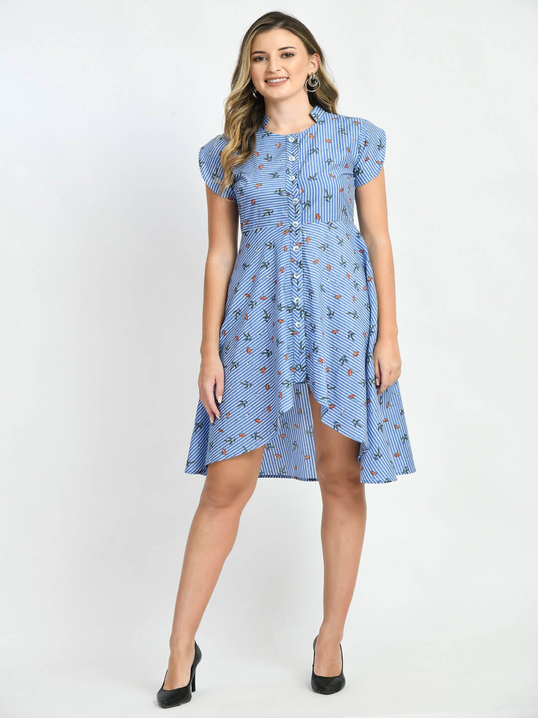 

DressBerry Floral Printed Mandarin Collar High-Low Hem Fit & Flare Dress, Blue